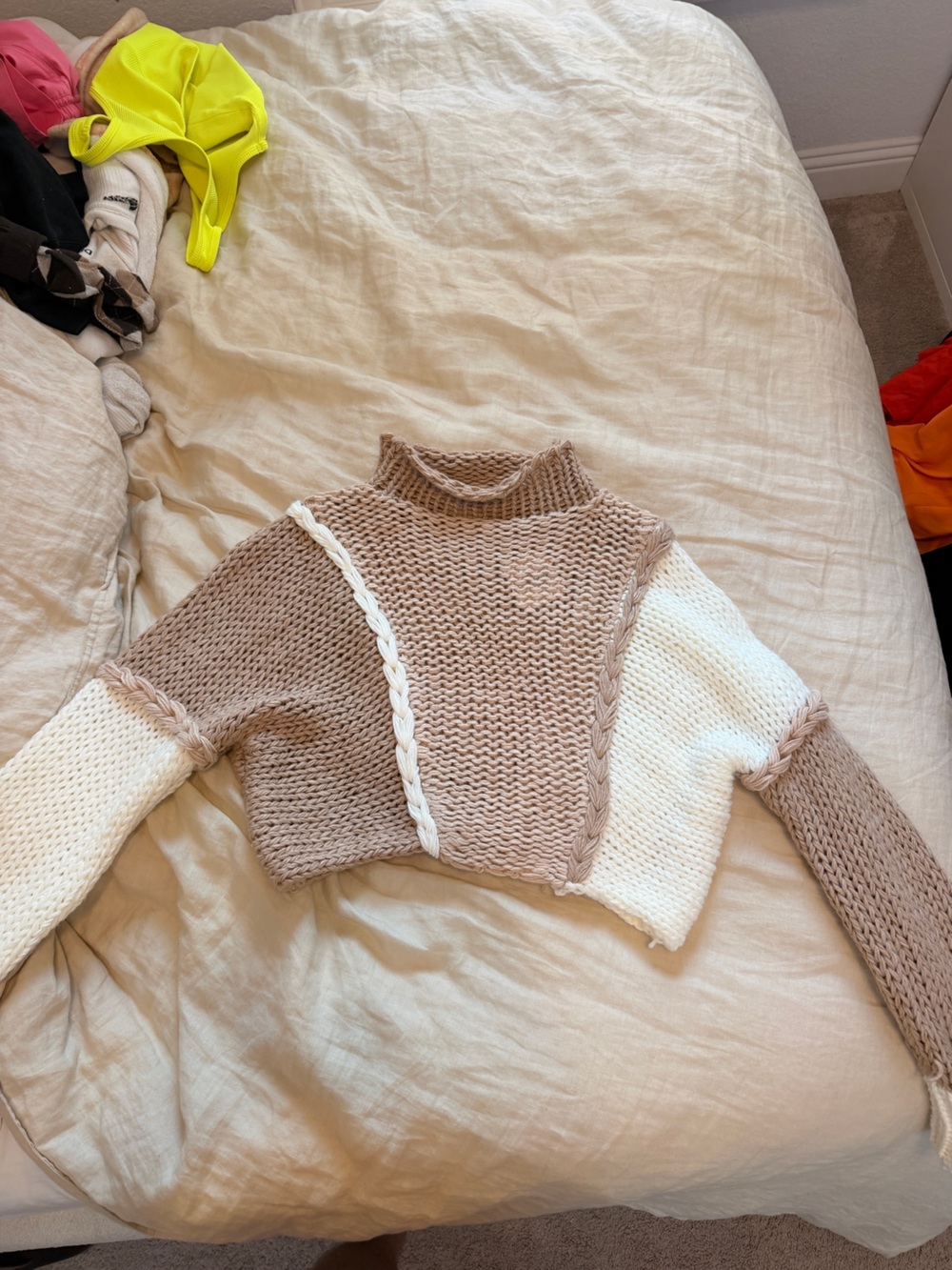 Altar'd State Two-Tone Cropped Cable Knit Sweater - Cream & Taupe